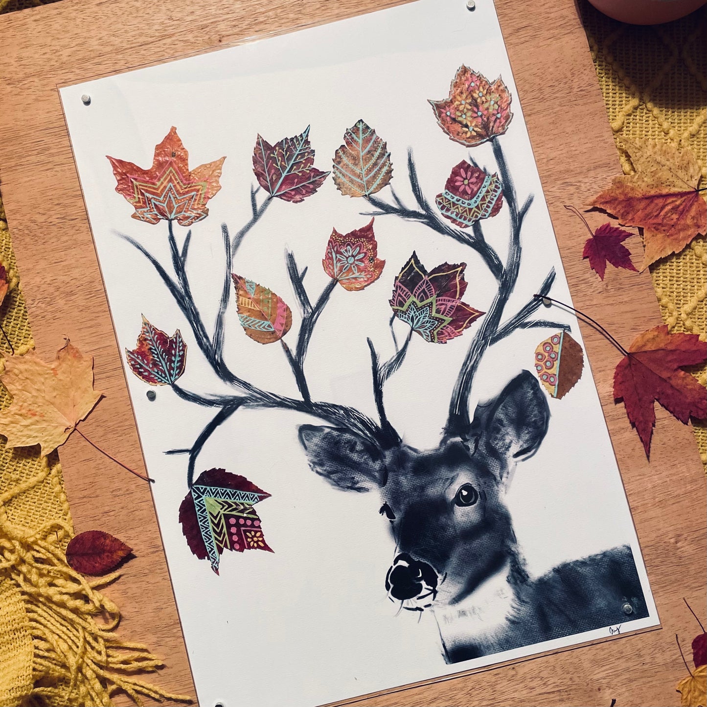Deer with Real Leaves Nature Collage- Framed