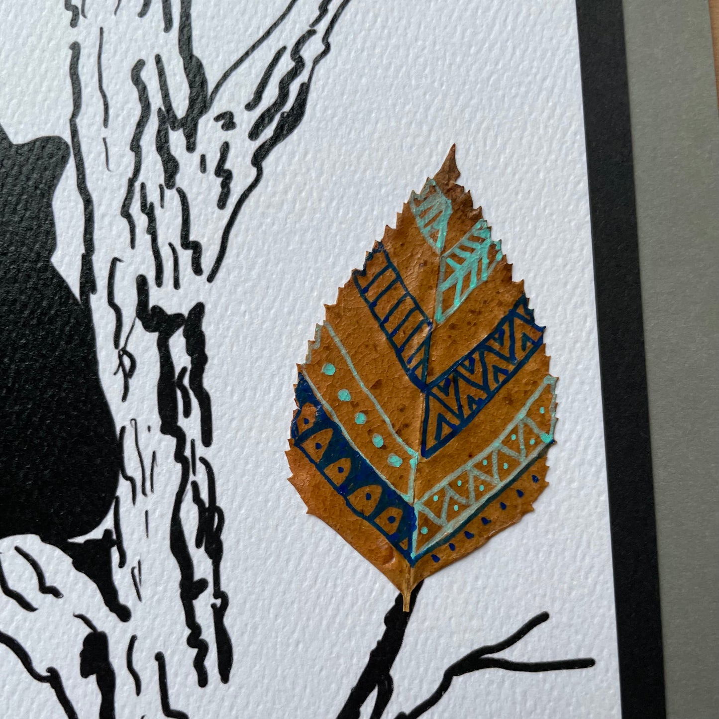 Bear Cubs and Real Leaves Nature Collage-Blue - Framed