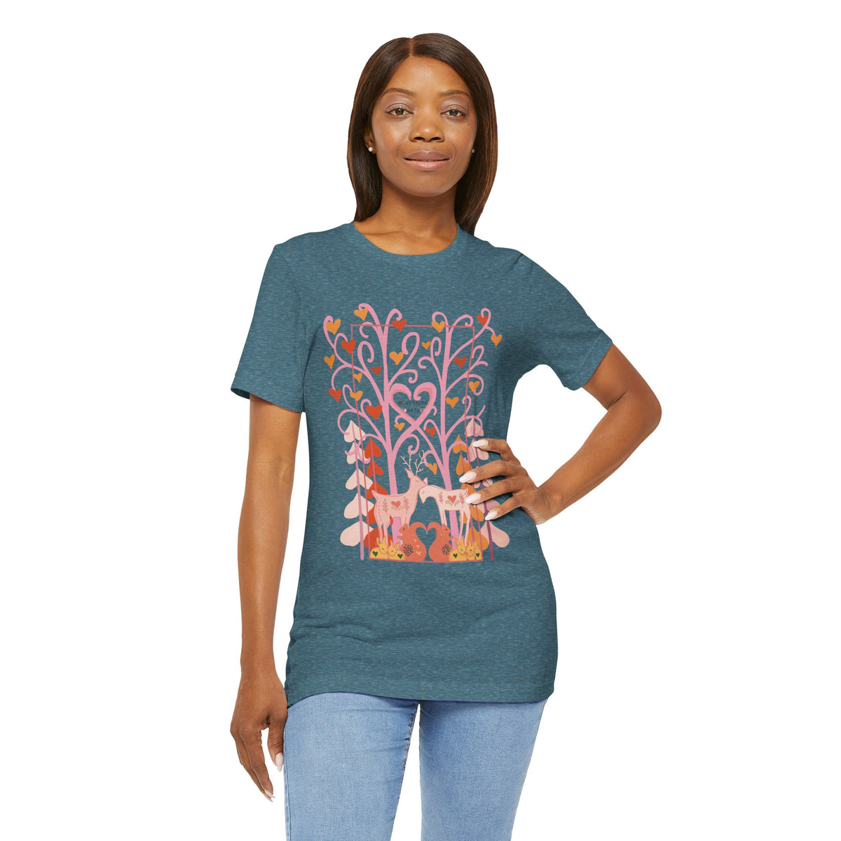 Folk Art Valentine’s Nature T-Shirt • Matching Couples & Family Shirts • Personalized Heart Design • Romantic Woodland Tee