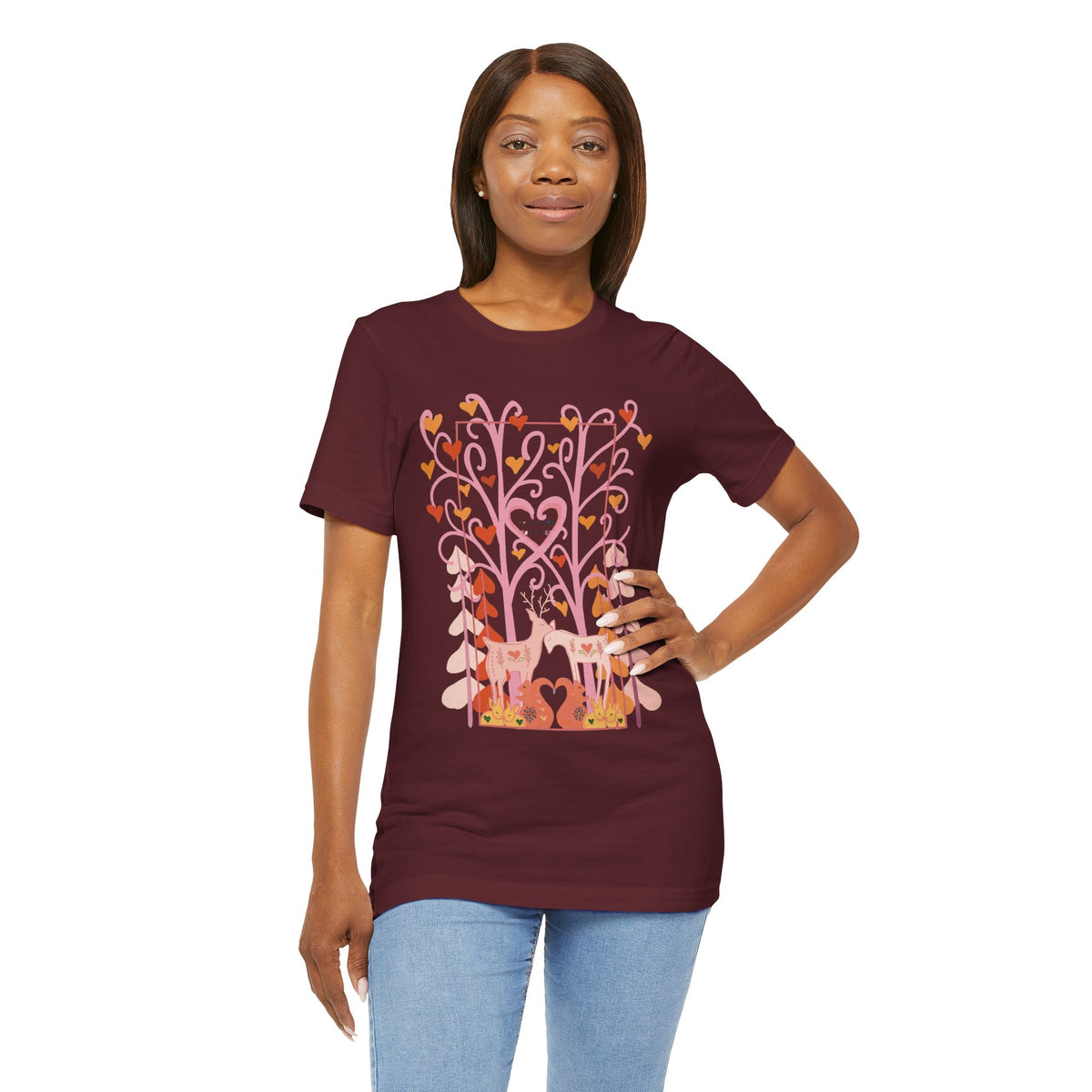 Folk Art Valentine’s Nature T-Shirt • Matching Couples & Family Shirts • Personalized Heart Design • Romantic Woodland Tee