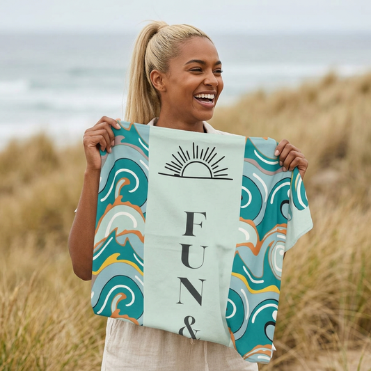 Beach Towel - Teal Wave Pattern "Fun & Sun" Personalized Summer Towel