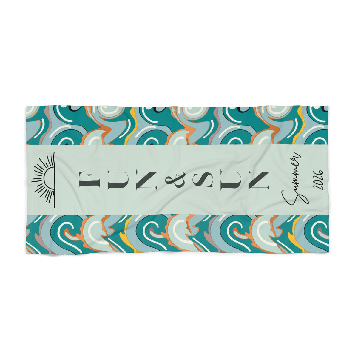 Beach Towel - Teal Wave Pattern "Fun & Sun" Personalized Summer Towel