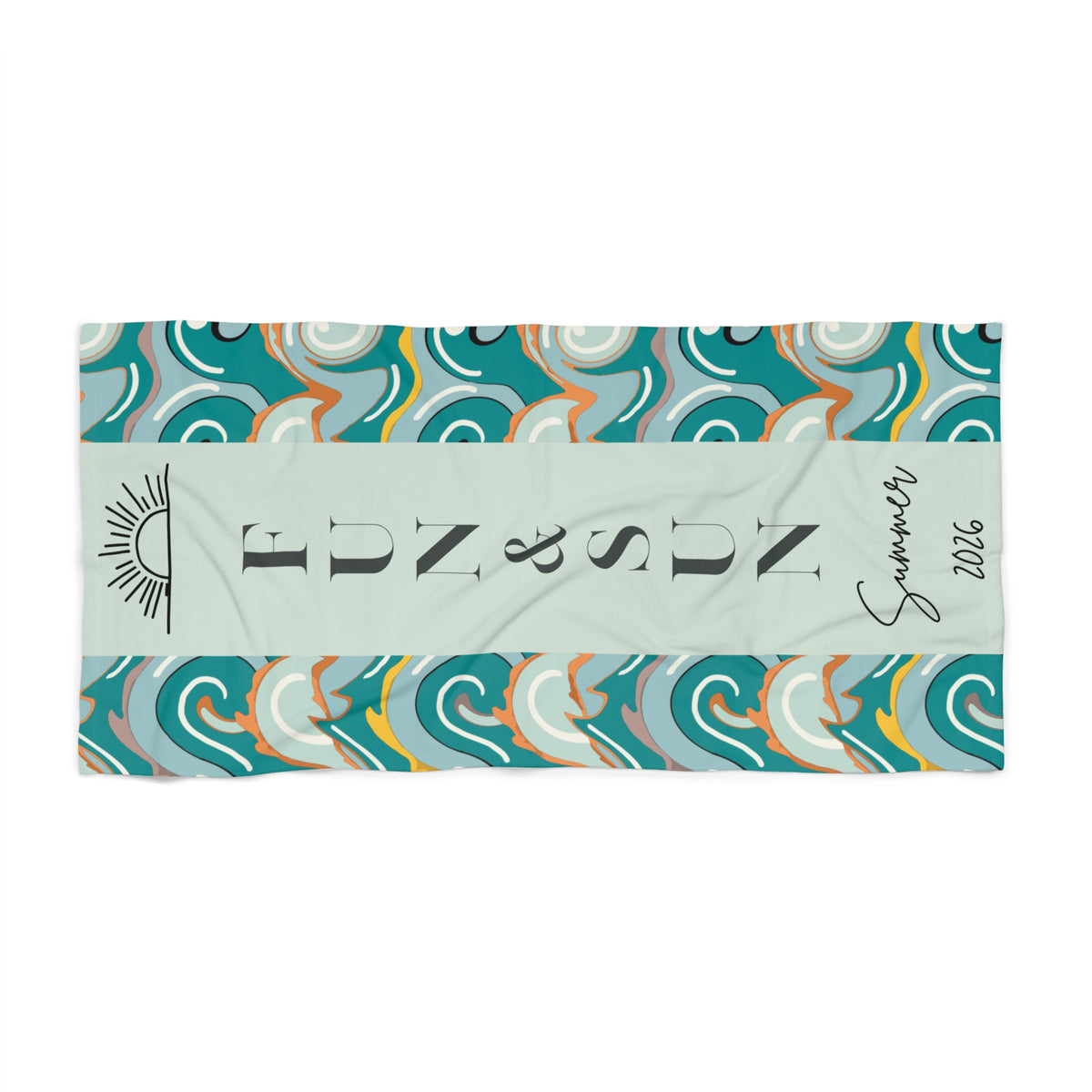 Beach Towel - Teal Wave Pattern "Fun & Sun" Personalized Summer Towel