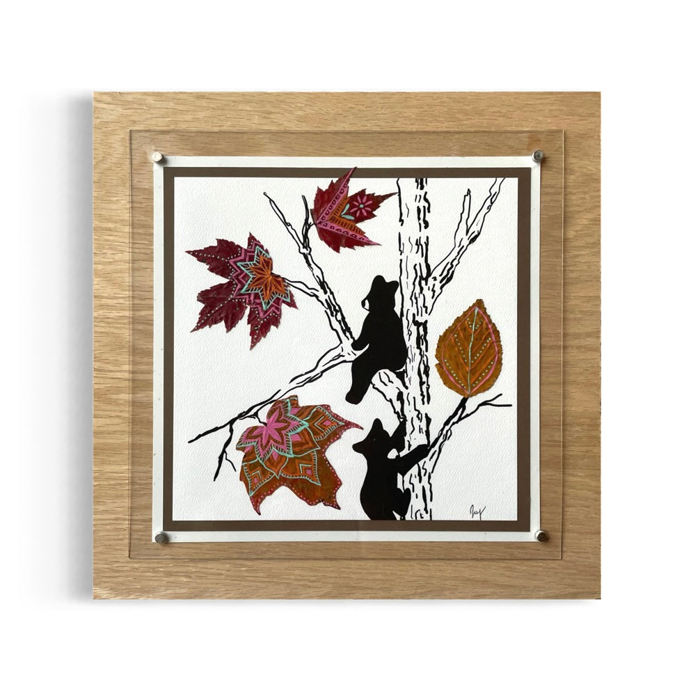 Bear Cubs and Leaves Nature Collage- Framed
