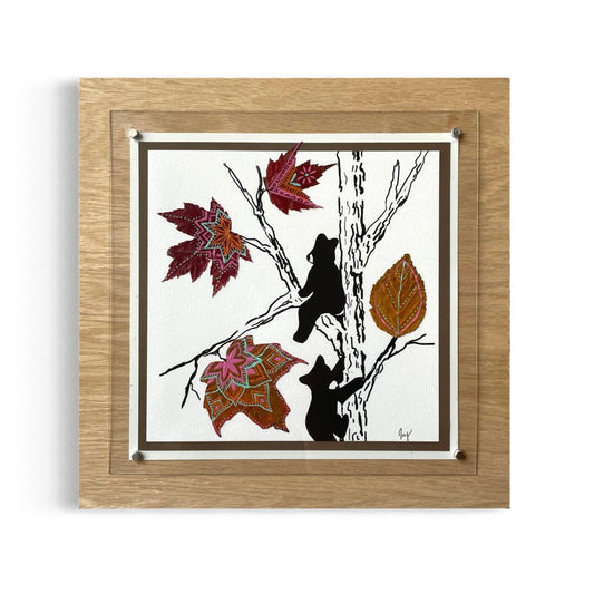 Bear Cubs and Leaves Nature Collage- Framed
