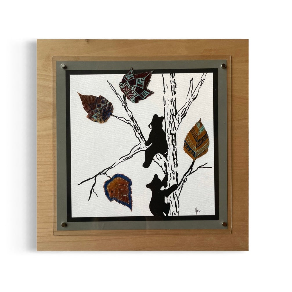 Bear Cubs and Real Leaves Nature Collage-Blue - Framed