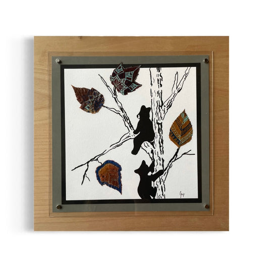 Bear Cubs and Real Leaves Nature Collage-Blue - Framed