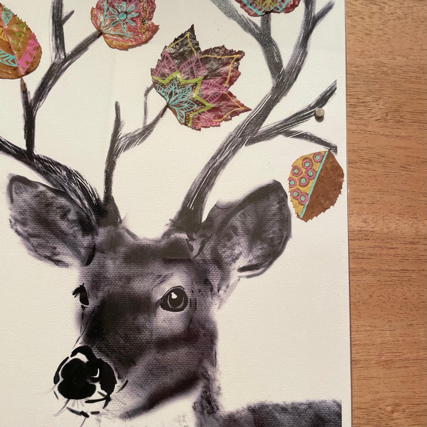 Deer with Real Leaves Nature Collage- Framed