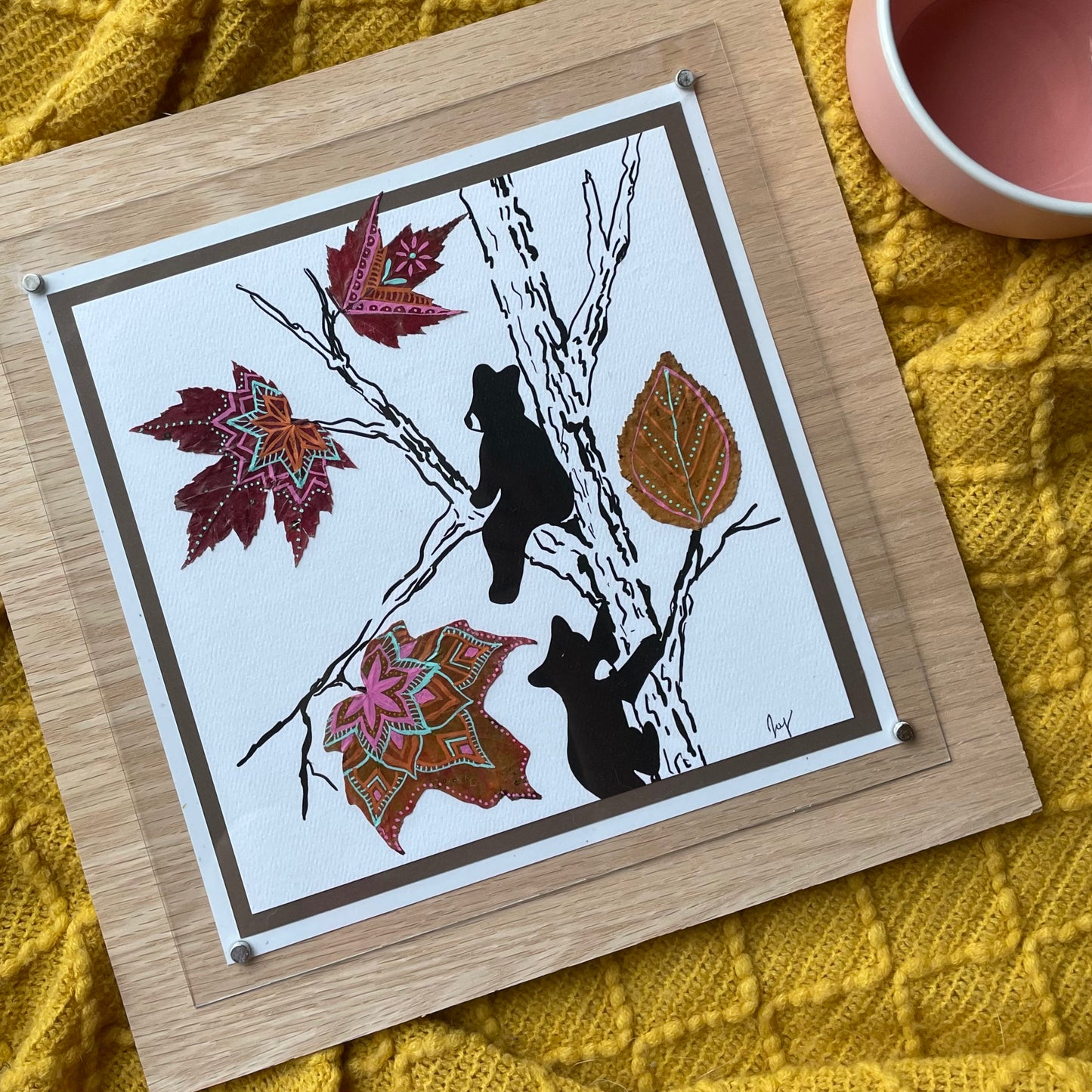 Bear Cubs and Leaves Nature Collage- Framed