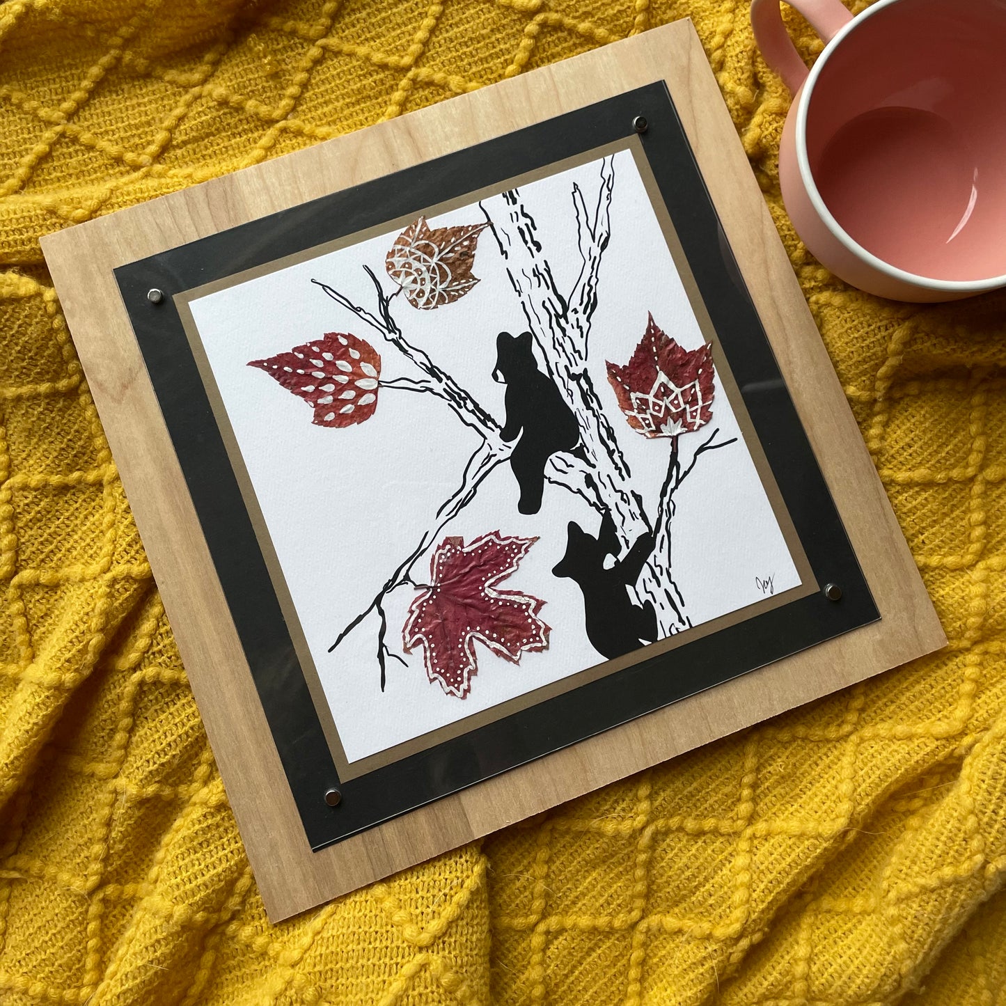 Bear Cub and Leaves Nature Collage- Framed