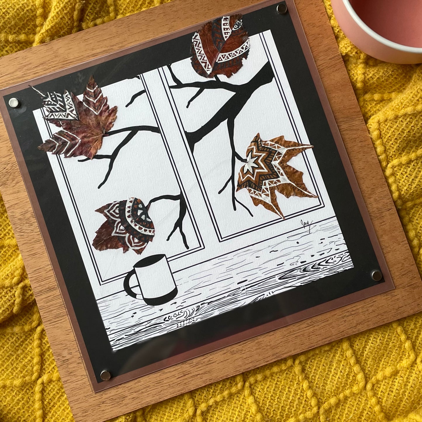Cozy Cup and Real Fall Leaves Nature Collage-Framed