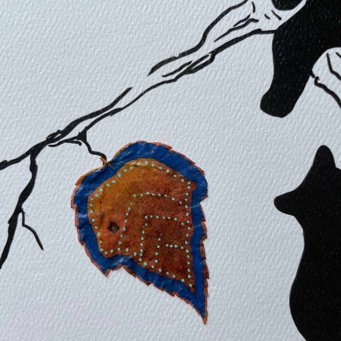 Bear Cubs and Real Leaves Nature Collage-Blue - Framed