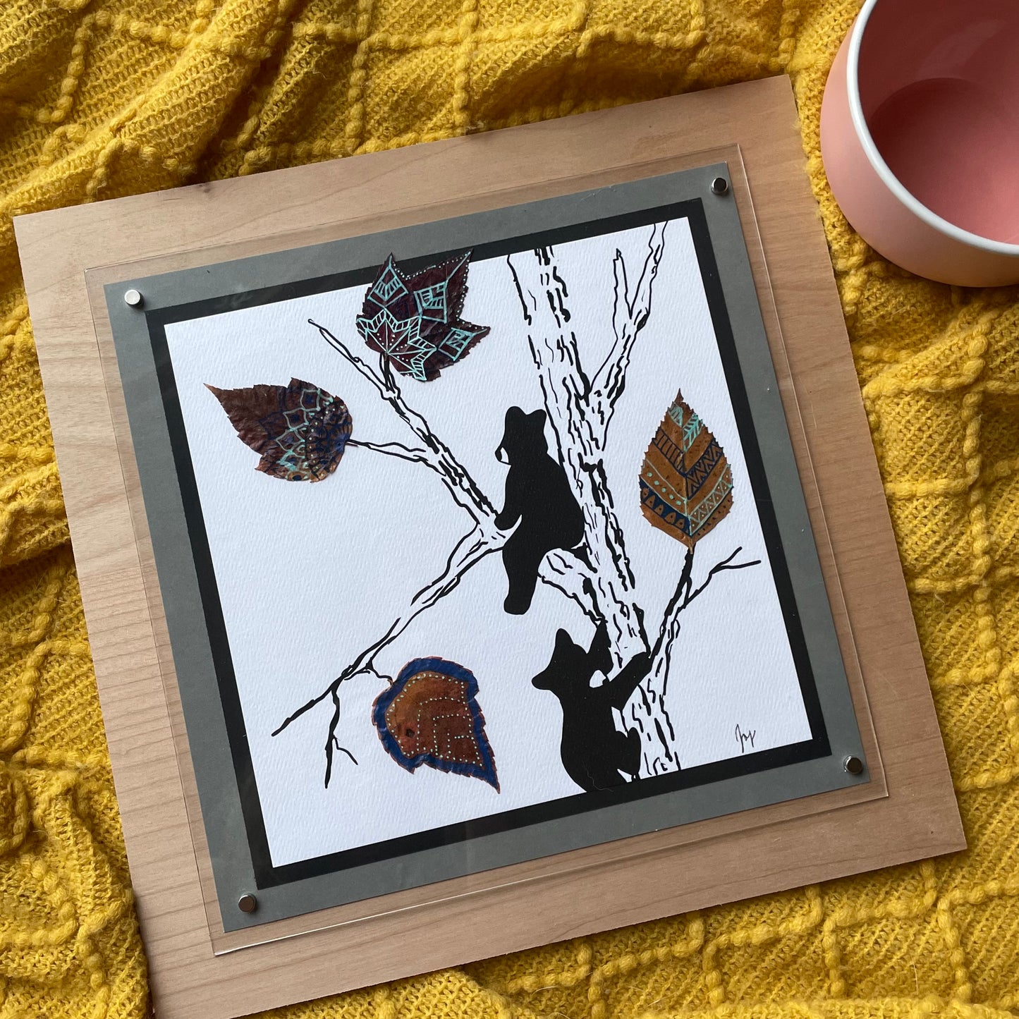 Bear Cubs and Real Leaves Nature Collage-Blue - Framed