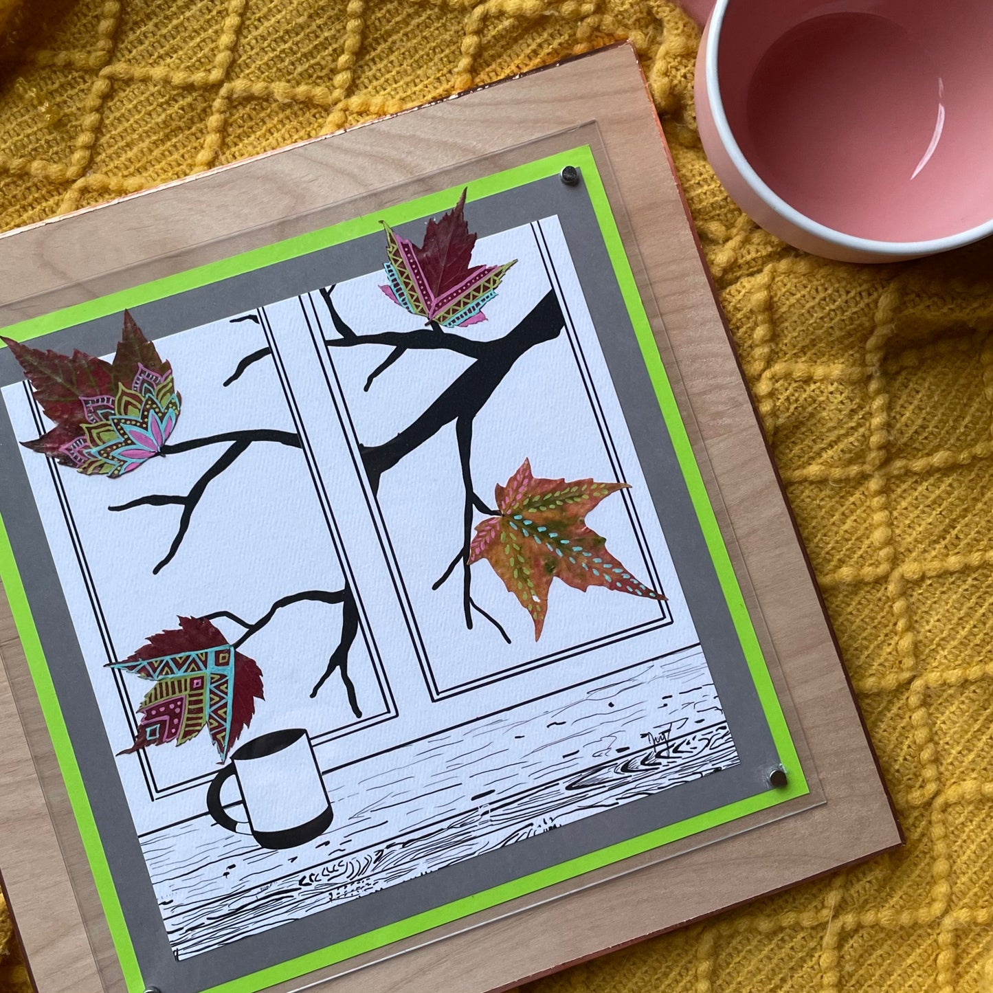 Cozy Cup and Leaf Nature Collage- Framed