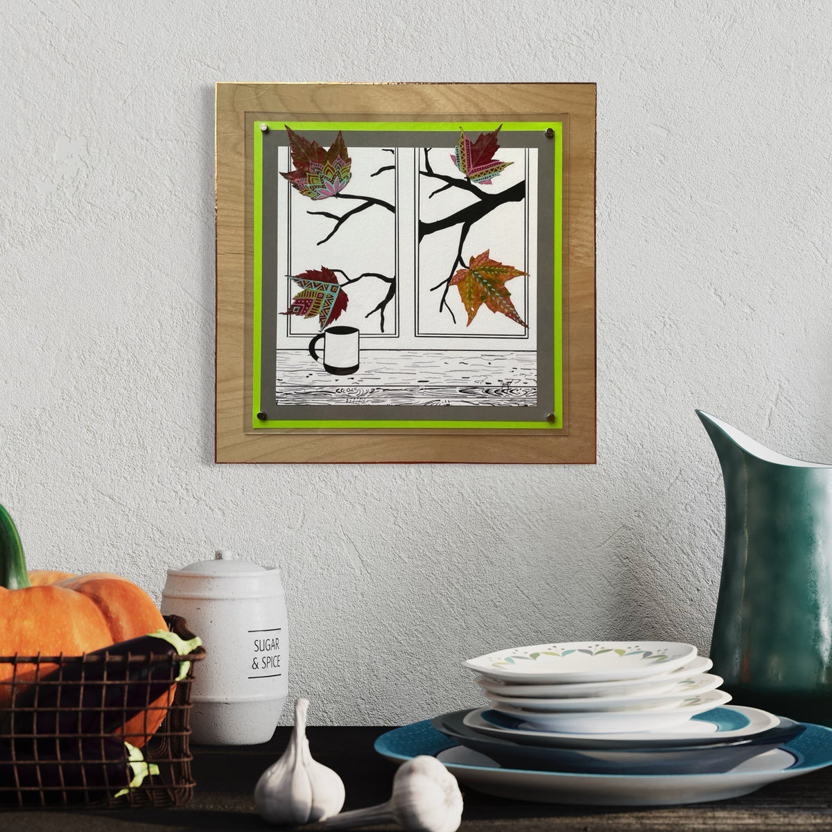 Cozy Cup and Leaf Nature Collage- Framed