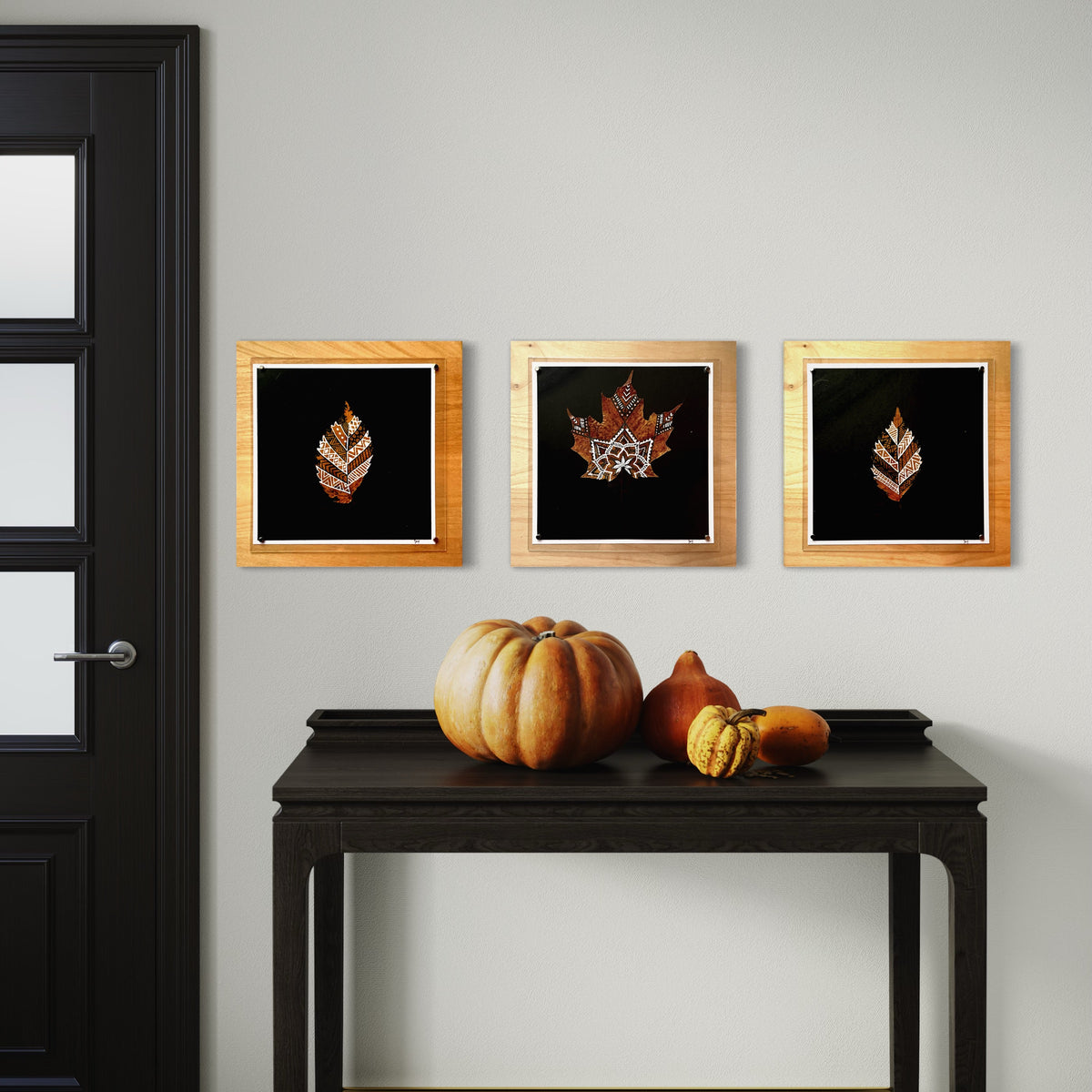 Real Hand Painted Leaves. Set of 3 -Framed
