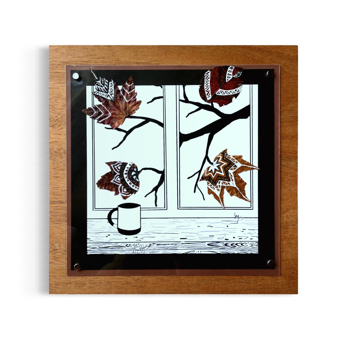 Cozy Cup and Real Fall Leaves Nature Collage-Framed