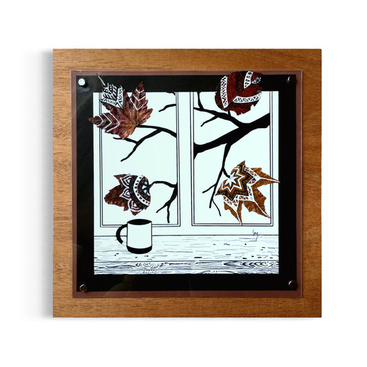 Cozy Cup and Real Fall Leaves Nature Collage-Framed
