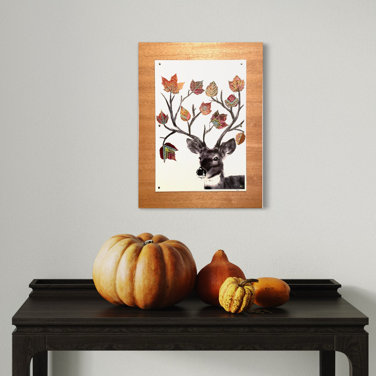 Deer with Real Leaves Nature Collage- Framed
